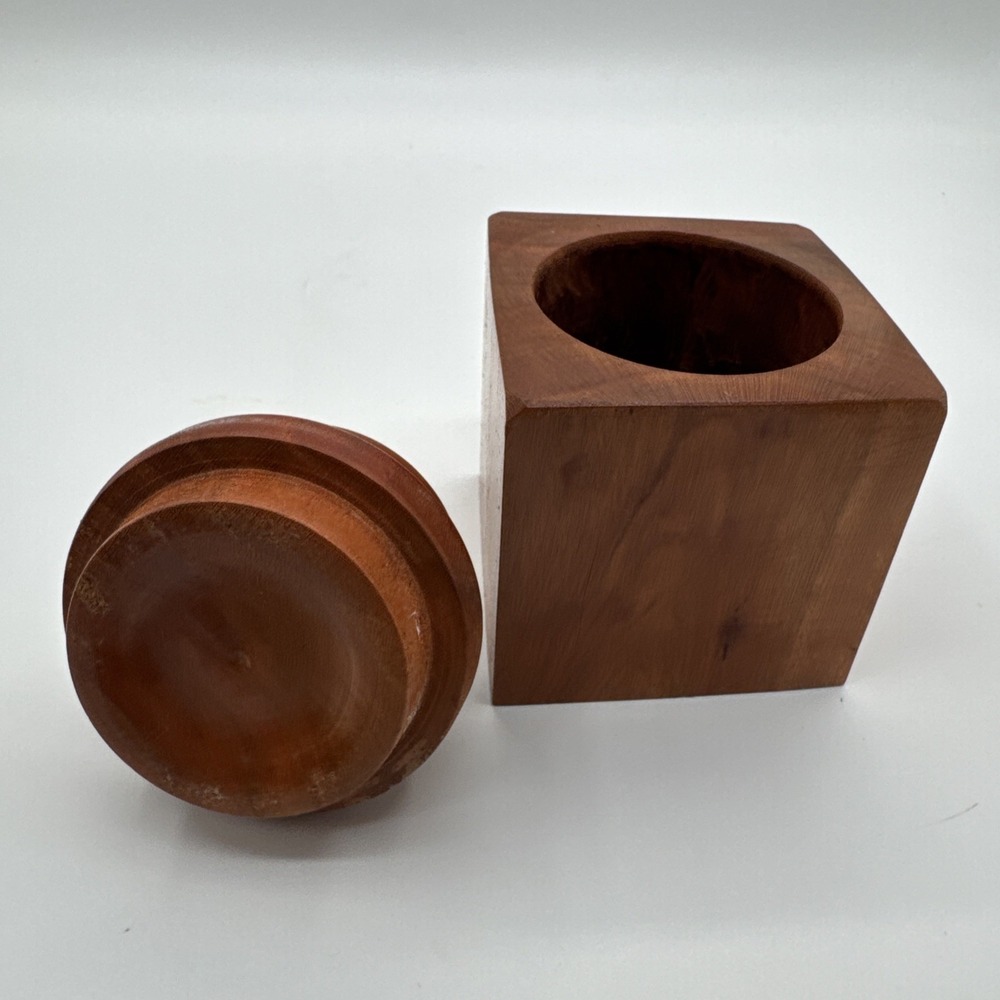 Vintage Turned Teak Wood Tobacco Jar Canister Apothecary Storage Box w/ Lid 4" - Picture 7 of 12